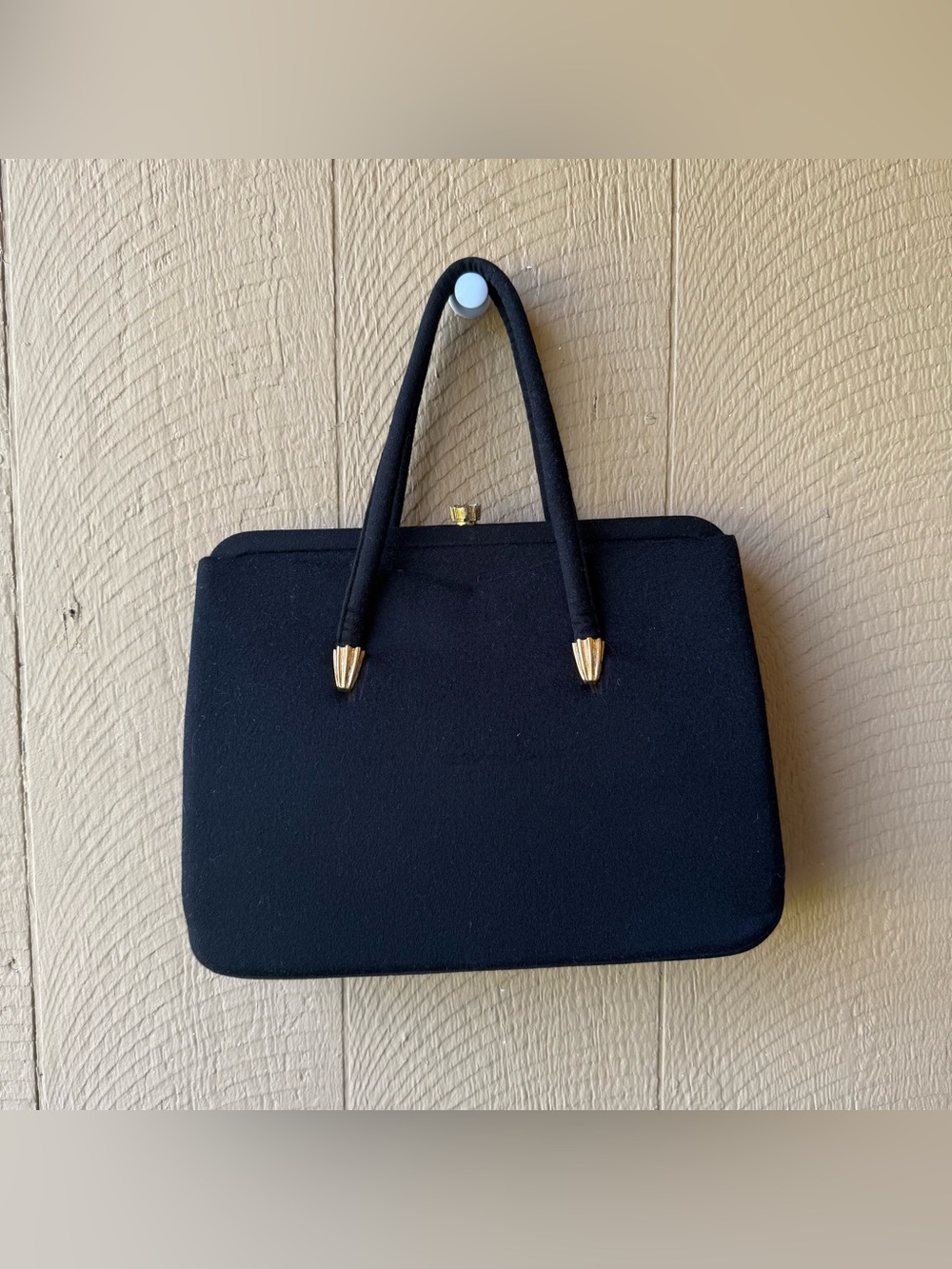 Vintage 1950s Black Structured Top Handle Bag Gold Hardware